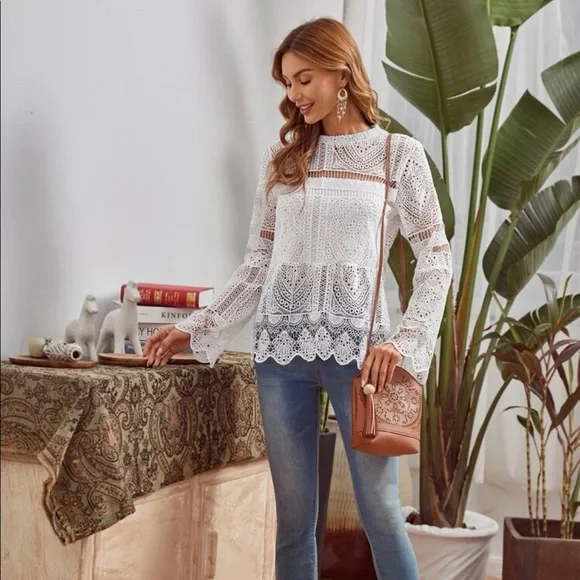 Boho scallop trim sheer guipure lace white top blouse - Picture 5 of 7